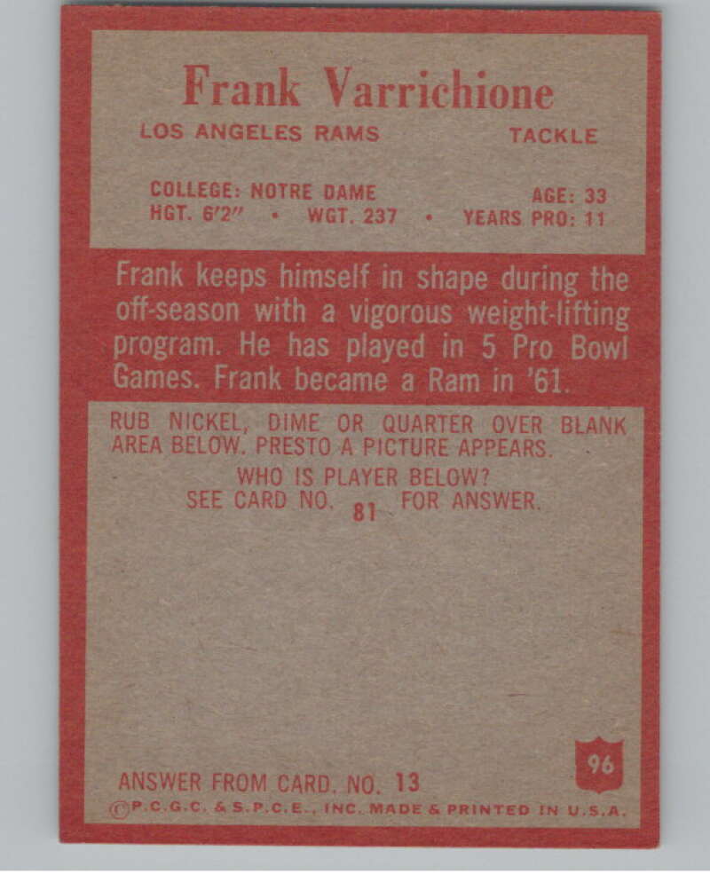 1965 Philadelphia #96 Frank Varrichione Los Angeles Rams 101005 Image 2