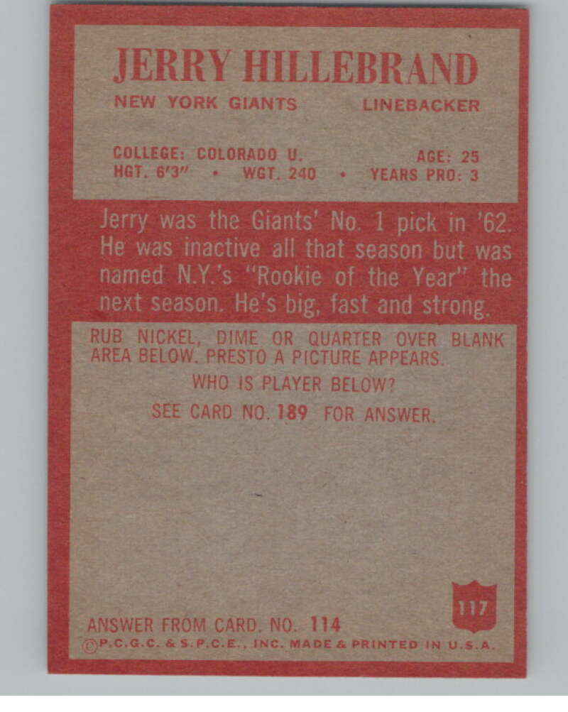 1965 Philadelphia #117 Jerry Hillebrand New York Giants 101006 Image 2