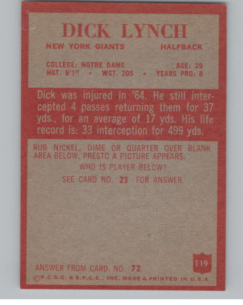 1965 Philadelphia #119 Dick Lynch New York Giants 101007 Image 2