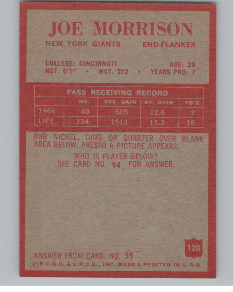1965 Philadelphia #120 Joe Morrison RC Rookie Giants 101008 Image 2