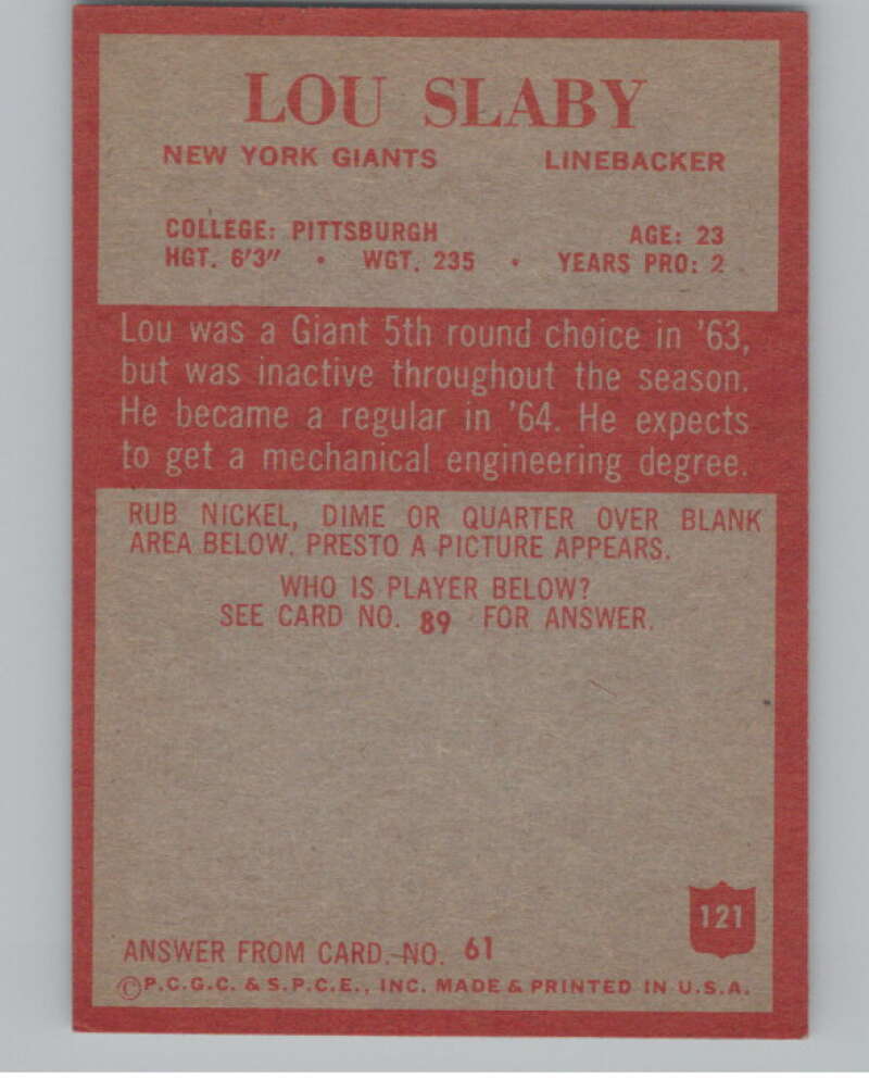 1965 Philadelphia #121 Lou Slaby New York Giants 101009 Image 2