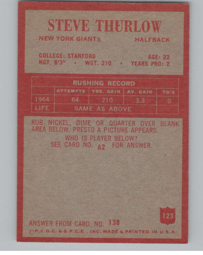 1965 Philadelphia #123 Steve Thurlow New York Giants 101010 Image 2