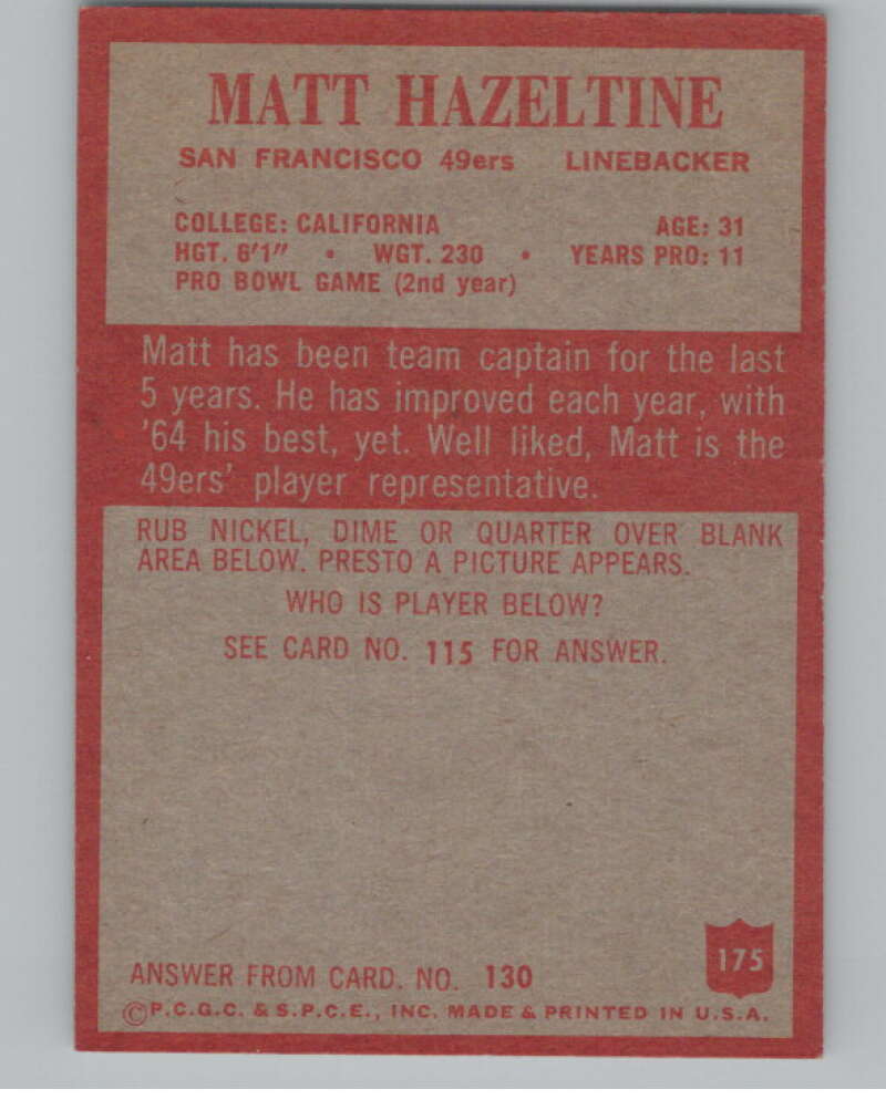 1965 Philadelphia #175 Matt Hazeltine San Francisco 49ers 101013 Image 2