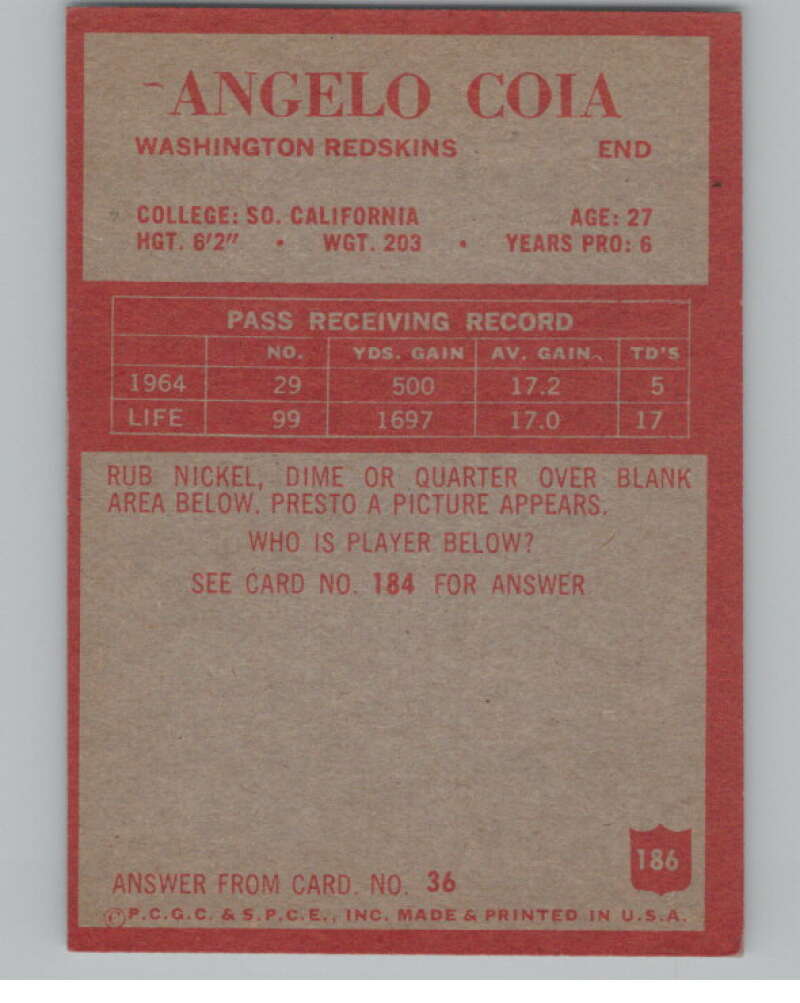 1965 Philadelphia #186 Angelo Coia Washington Redskins 101014 Image 2