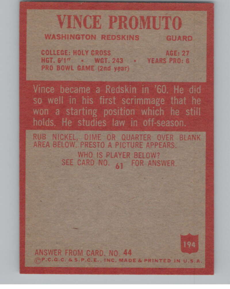 1965 Philadelphia #194 Vince Promuto Washington Redskins 101015 Image 2