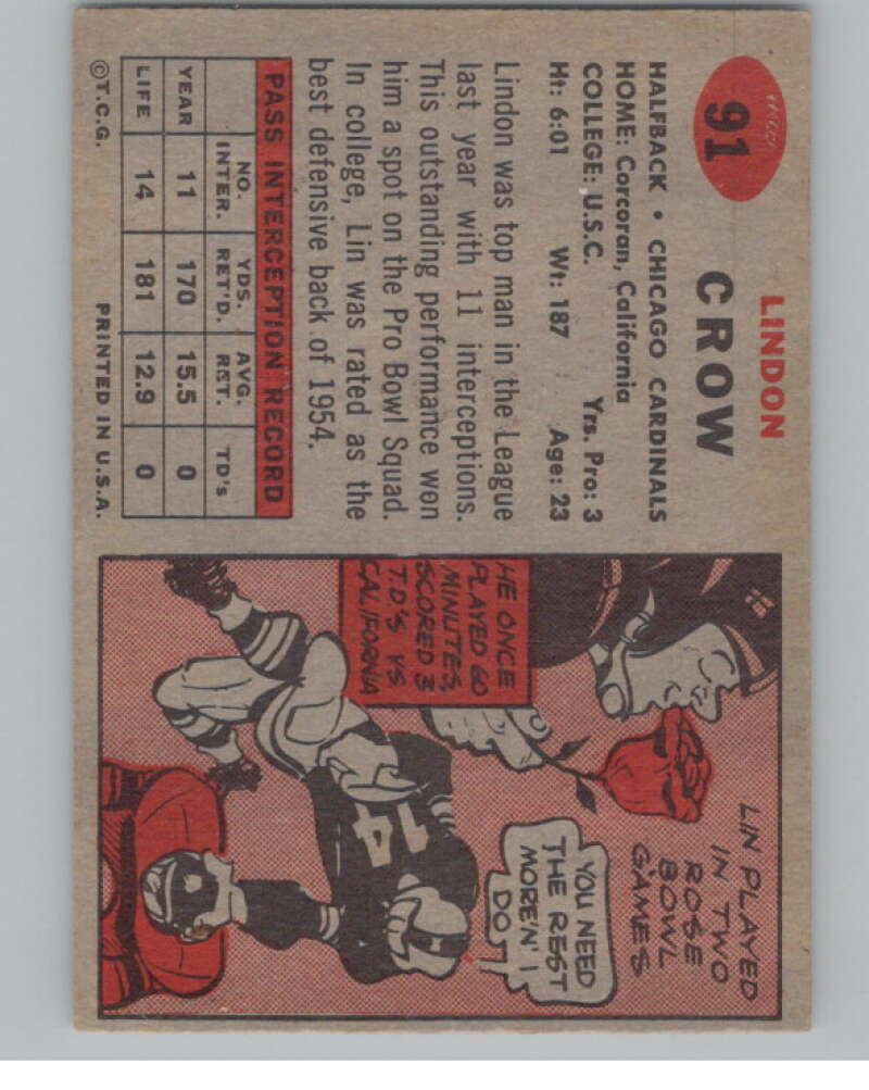 1957 Topps #91 Lindon Crow DP Chicago Cardinals 101019 Image 2