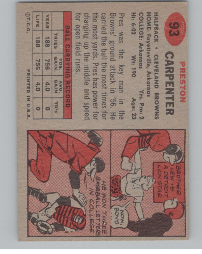 1957 Topps #93 Preston Carpenter DP RC Rookie Browns 101020 Image 2