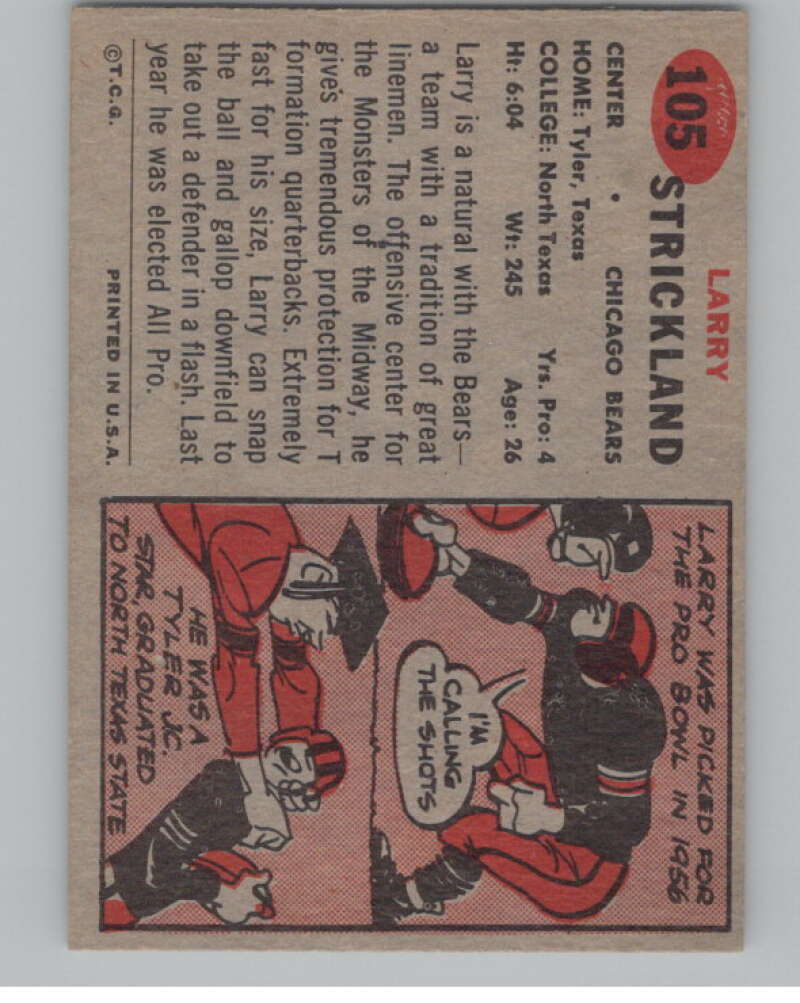 1957 Topps #105 Larry Strickland RC Rookie Chicago Bears 101024 Image 2