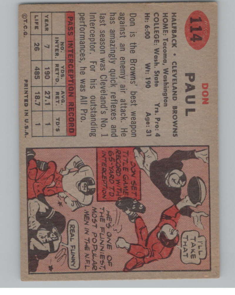 1957 Topps #114 Don Paul Cleveland Browns 101026 Image 2