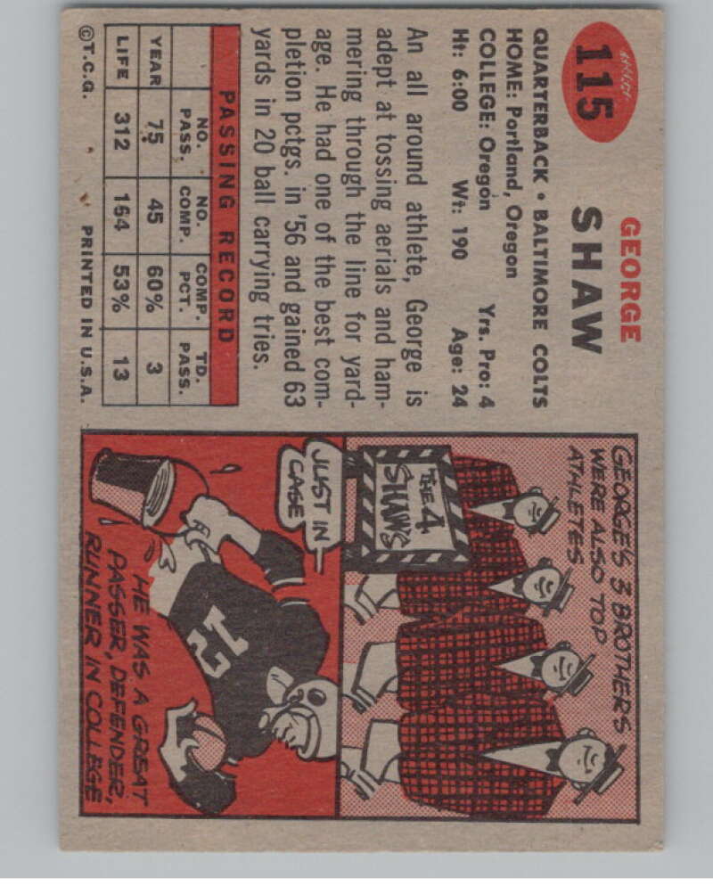 1957 Topps #115 George Shaw Baltimore Colts 101027 Image 2