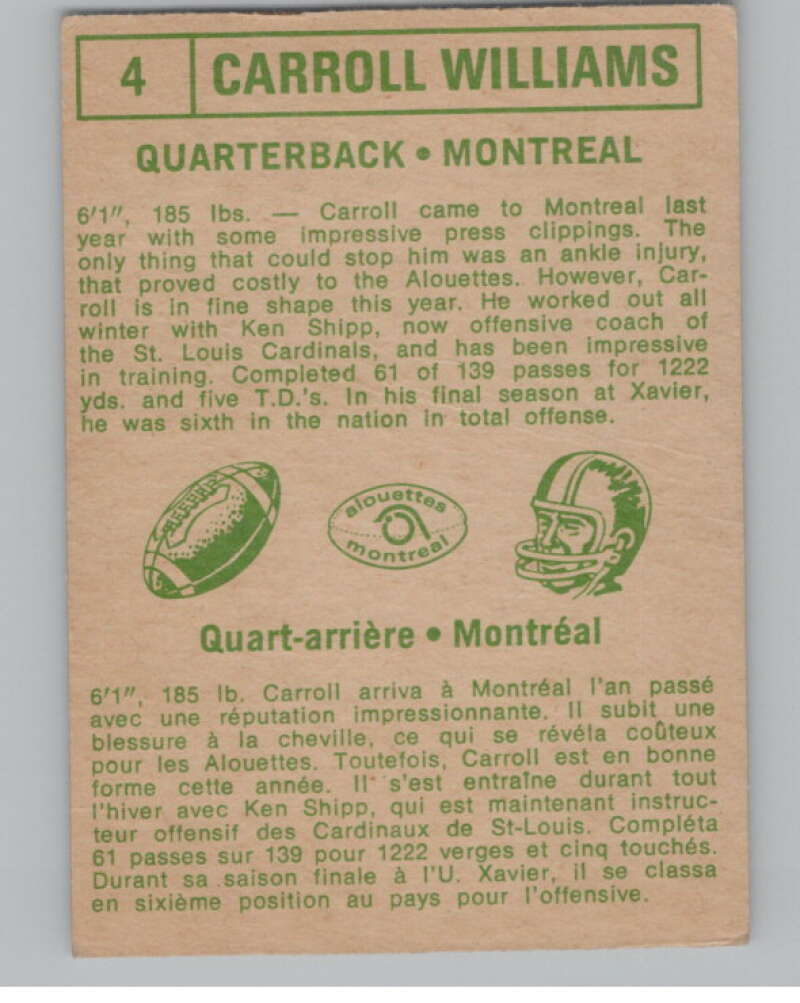 1968 O-Pee-Chee CFL #4 Carroll Williams Montreal Alouettes 101029 Image 2