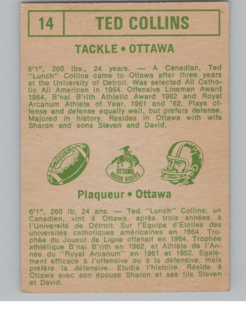 1968 O-Pee-Chee CFL #14 Ted Collins Ottawa Rough Riders 101036 Image 2
