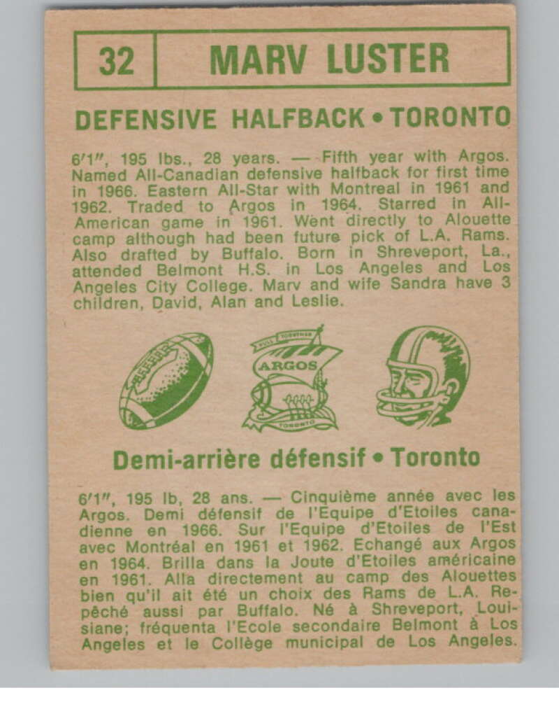 1968 O-Pee-Chee CFL #32 Marv Luster Toronto Argonauts 101047 Image 2