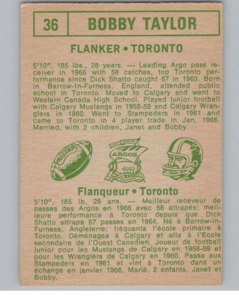 1968 O-Pee-Chee CFL #36 Bob Taylor Toronto Argonauts 101050 Image 2