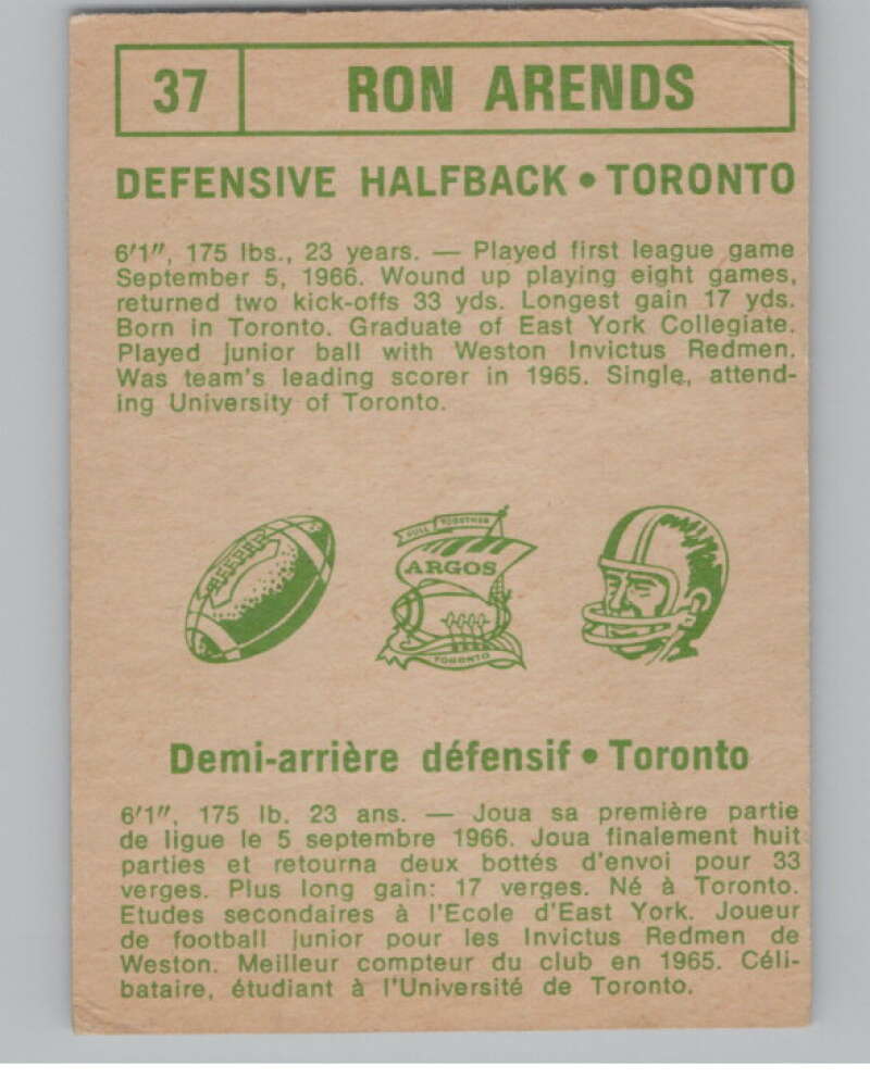 1968 O-Pee-Chee CFL #37 Ron Arends Toronto Argonauts 101051 Image 2