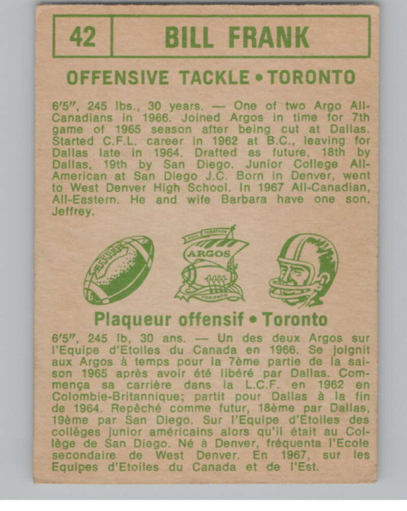 1968 O-Pee-Chee CFL #42 Bill Frank Toronto Argonauts 101054 Image 2