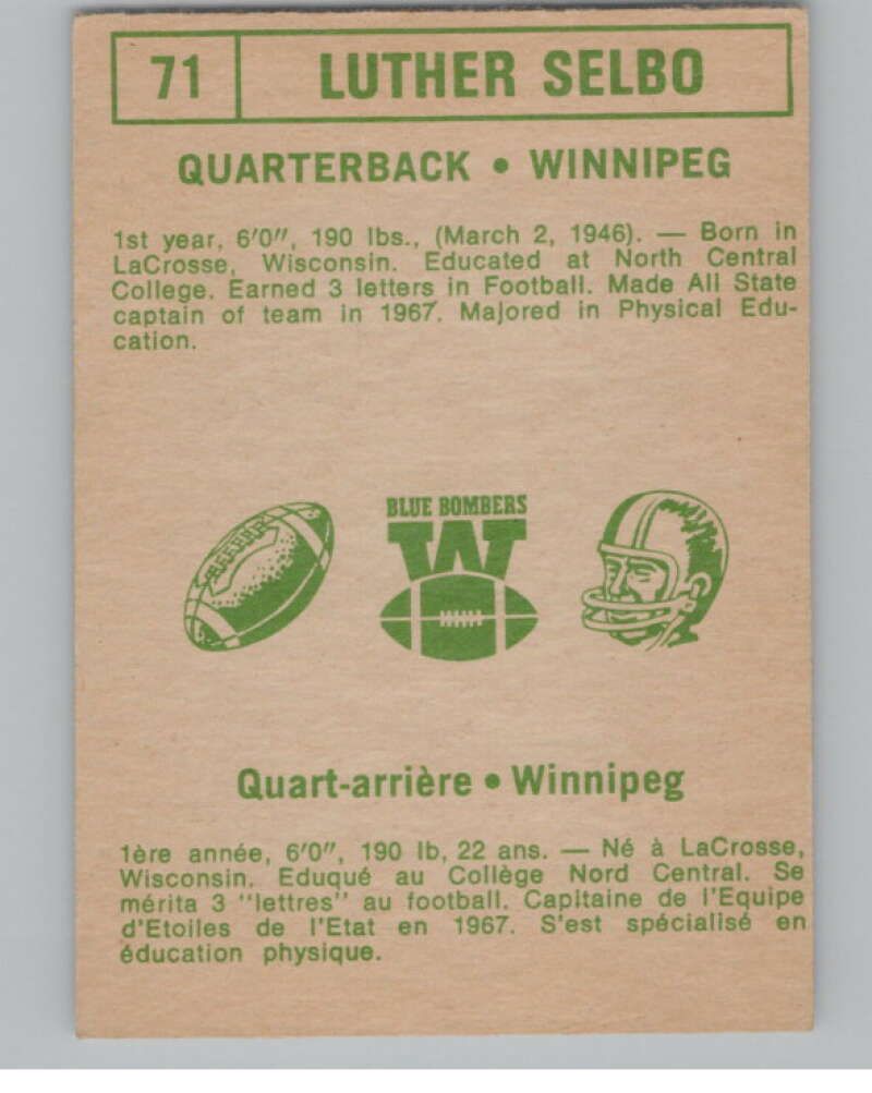 1968 O-Pee-Chee CFL #71 Luther Selbo Winnipeg Blue Bombers 101058 Image 2