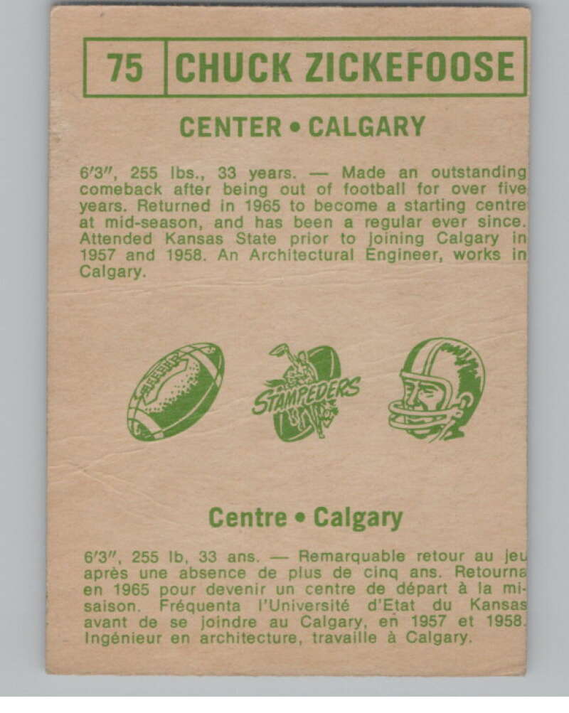 1968 O-Pee-Chee CFL #75 Chuck Zickefoose Calgary Stampeders 101059 Image 2