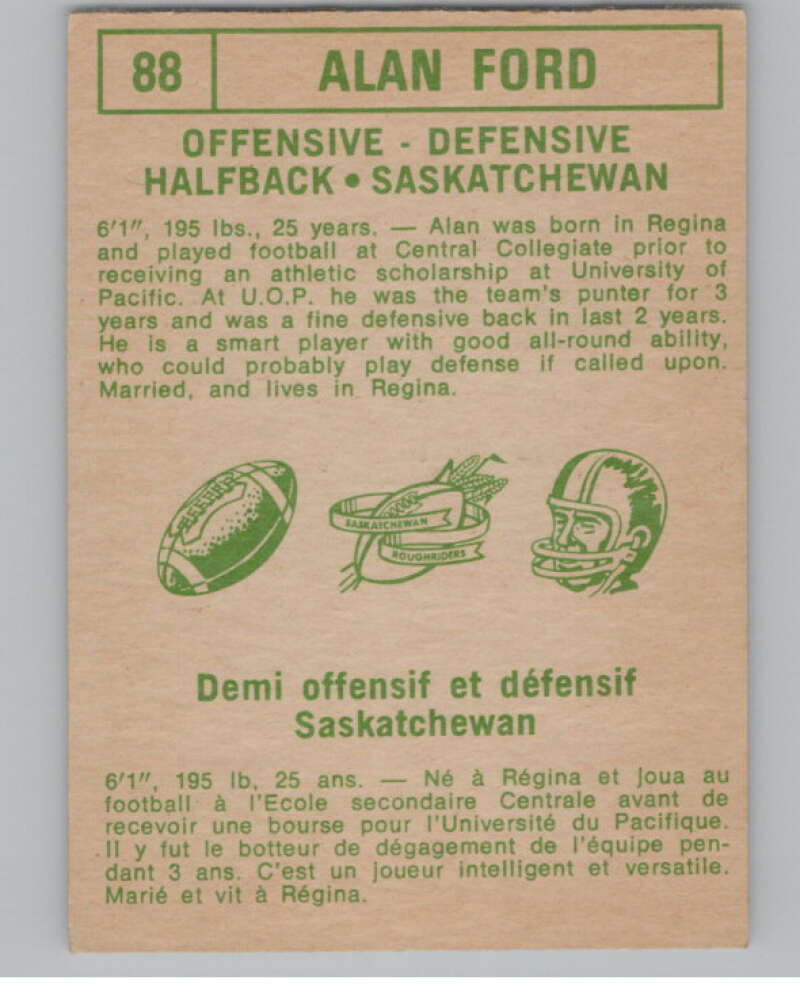 1968 O-Pee-Chee CFL #88 Alan Ford Saskatchewan Roughriders 101060 Image 2