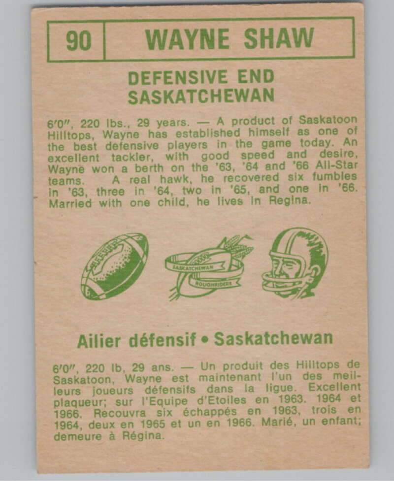 1968 O-Pee-Chee CFL #90 Wayne Shaw Saskatchewan Roughriders 101061 Image 2