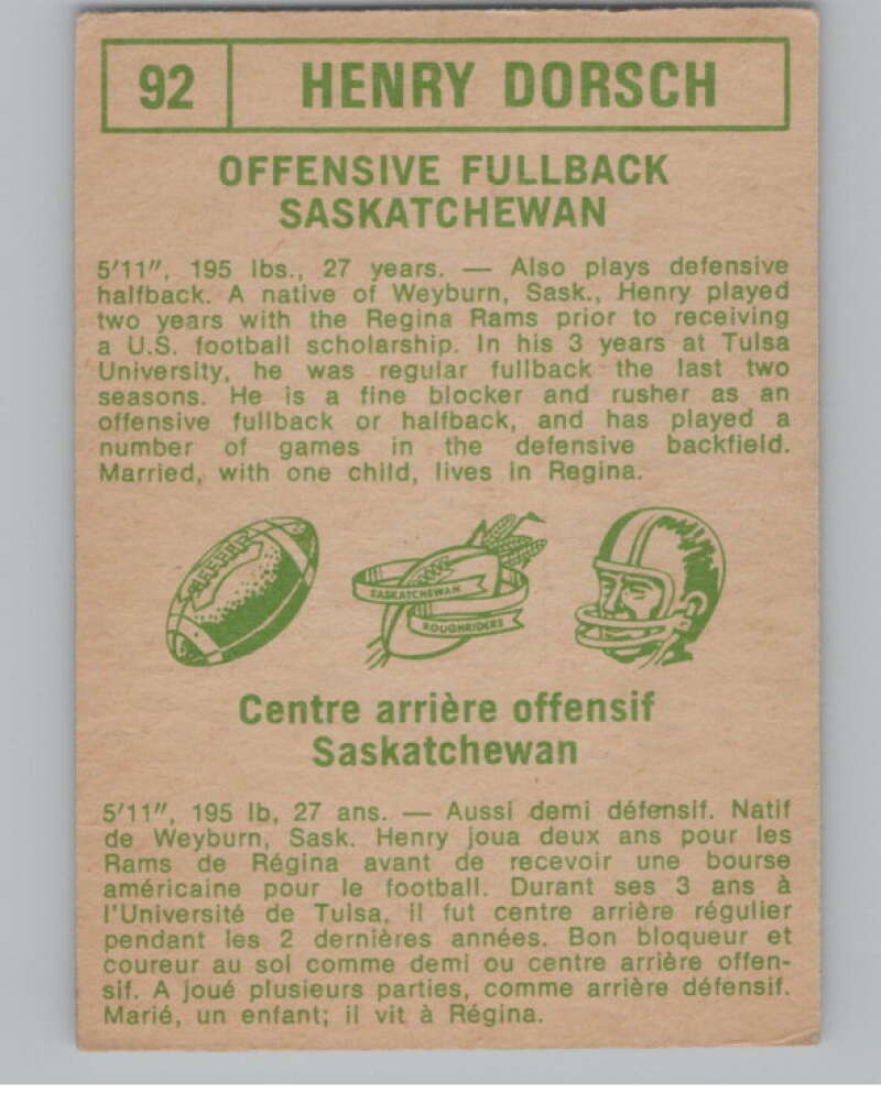 1968 O-Pee-Chee CFL #92 Henry Dorsch Saskatchewan Roughriders 101062 Image 2