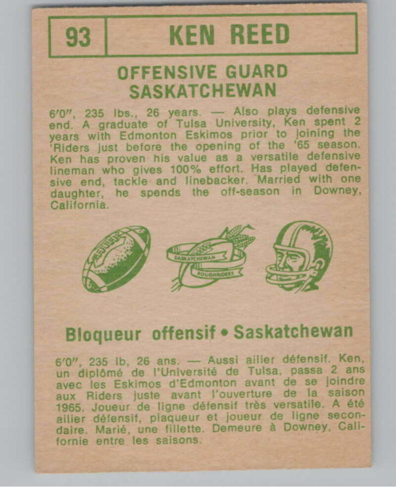 1968 O-Pee-Chee CFL #93 Ken Reed Saskatchewan Roughriders 101063 Image 2