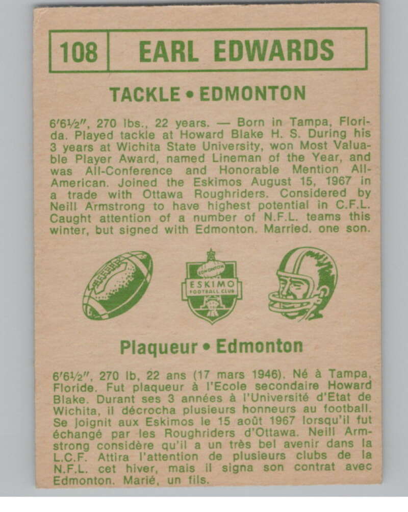 1968 O-Pee-Chee CFL #108 Earl Edwards Edmonton Eskimos 101069 Image 2