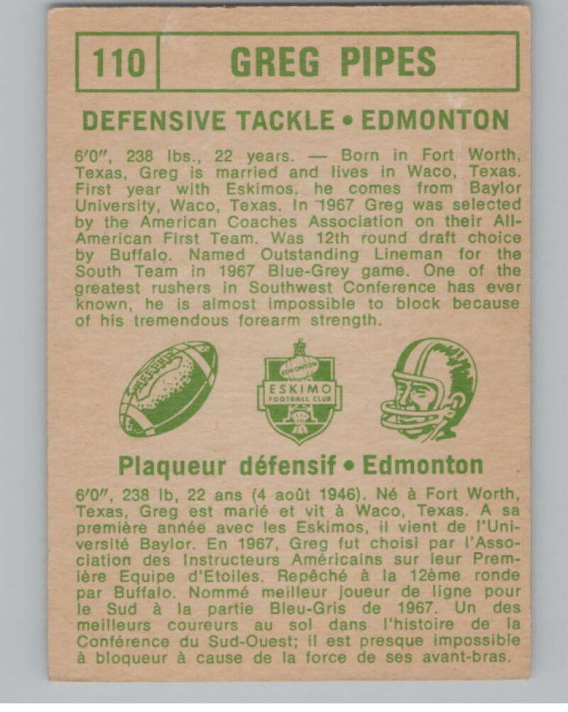 1968 O-Pee-Chee CFL #110 Greg Pipes Edmonton Eskimos 101071 Image 2