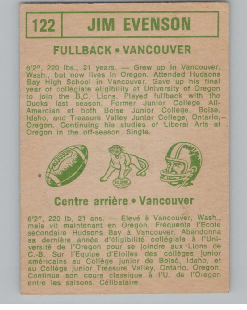 1968 O-Pee-Chee CFL #122 Jim Evenson British Columbia Lions 101076 Image 2