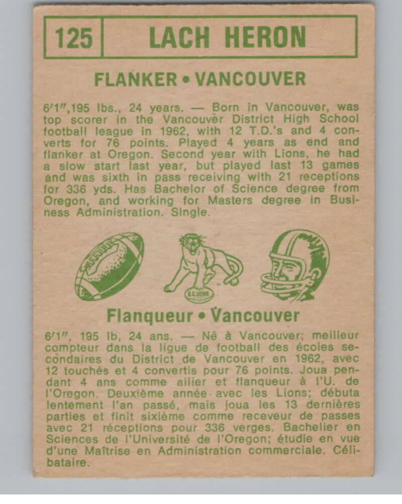 1968 O-Pee-Chee CFL #125 Lach Heron British Columbia Lions 101079 Image 2