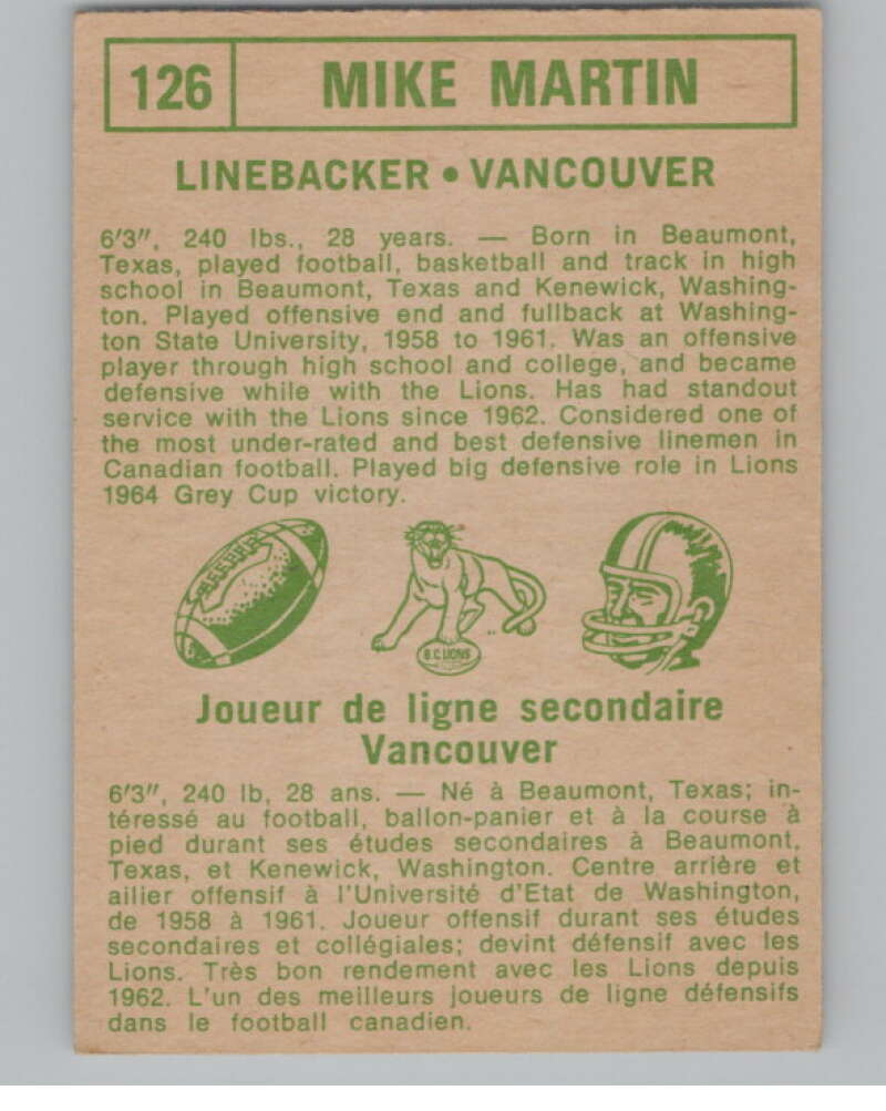1968 O-Pee-Chee CFL #126 Mike Martin British Columbia Lions 101080 Image 2
