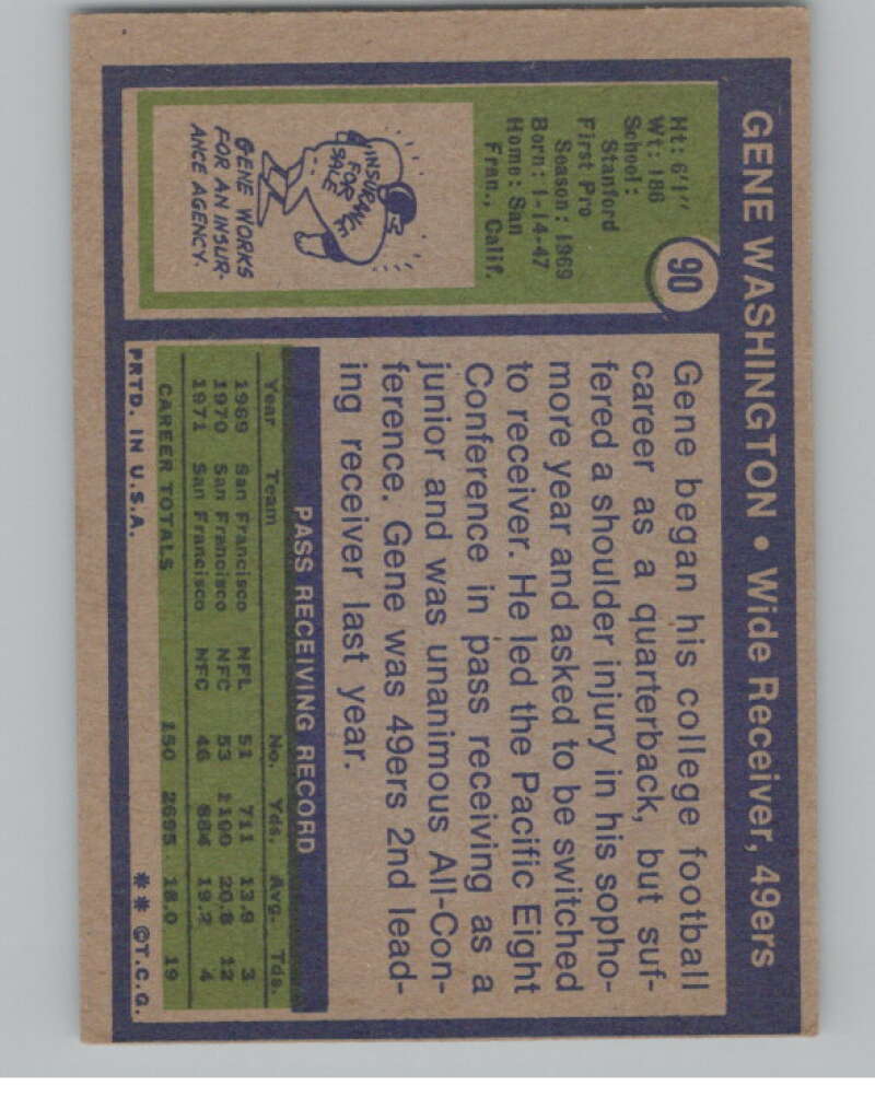 1972 Topps #90 Gene Washington San Francisco 49ers 101086 Image 2