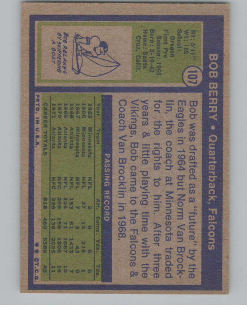 1972 Topps #107 Bob Berry Atlanta Falcons 101088 Image 2