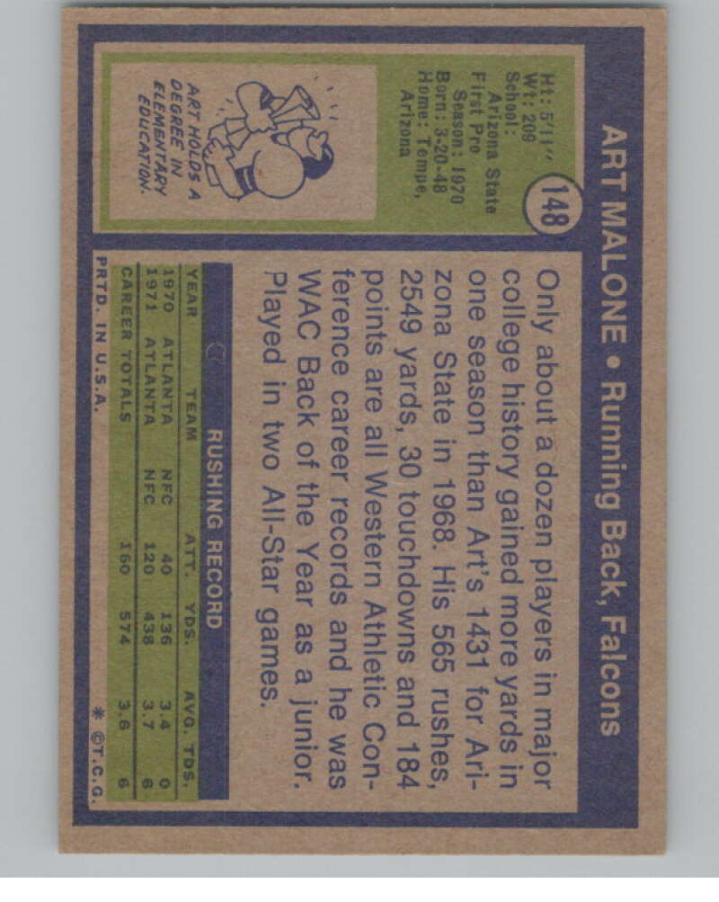 1972 Topps #148 Art Malone Atlanta Falcons 101096 Image 2