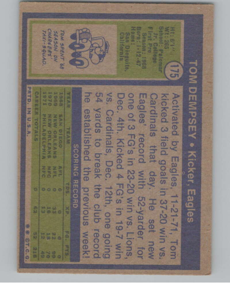 1972 Topps #175 Tom Dempsey New Orleans Saints 101104 Image 2