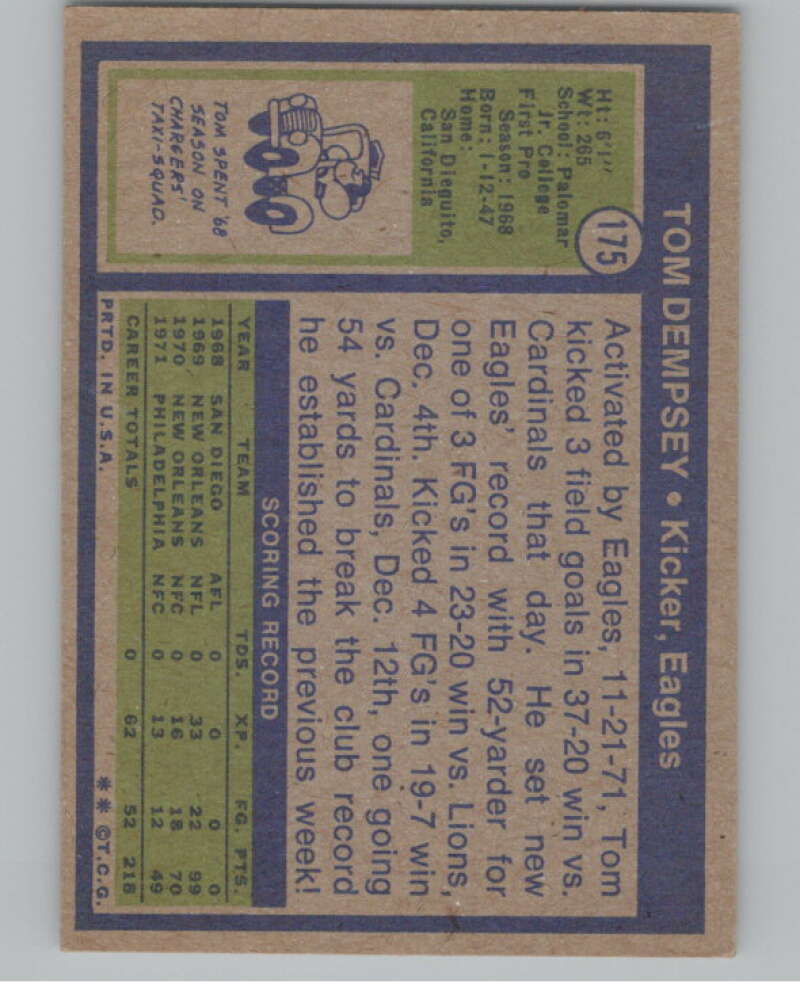 1972 Topps #175 Tom Dempsey New Orleans Saints 101106 Image 2