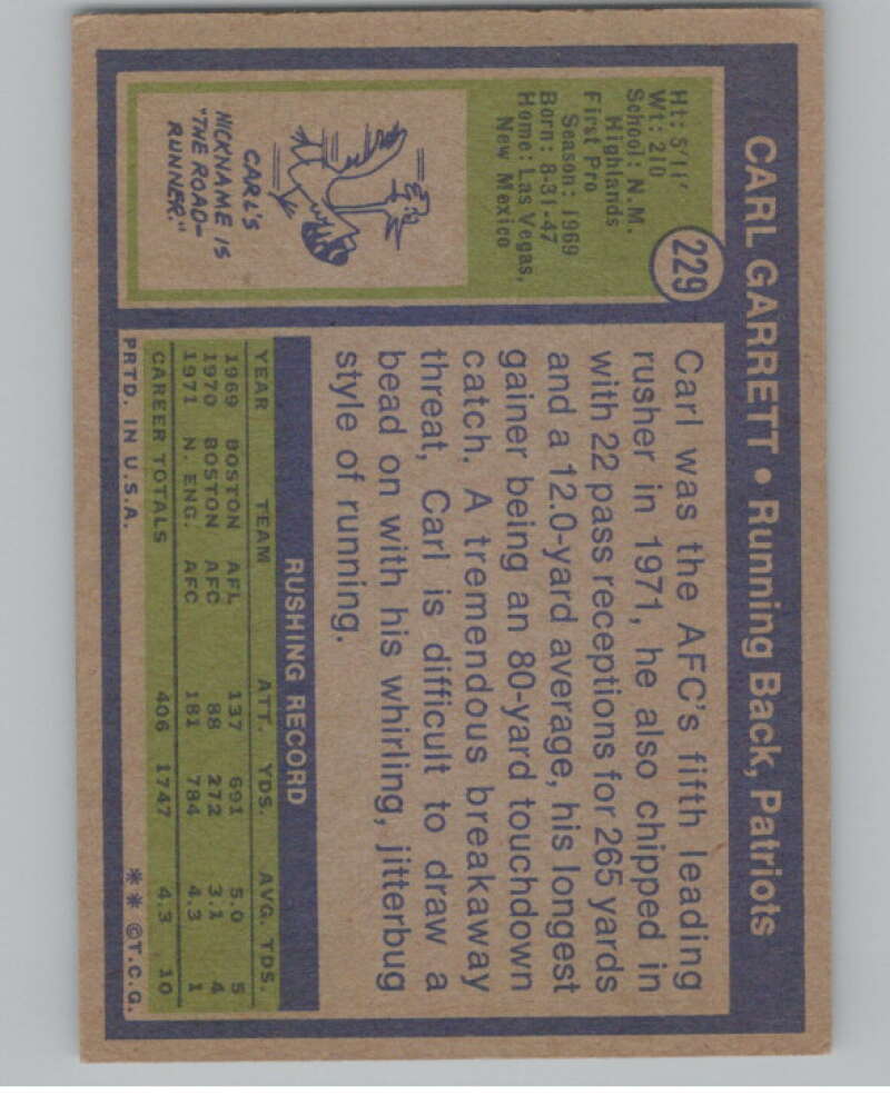1972 Topps #229 Carl Garrett New England Patriots 101124 Image 2