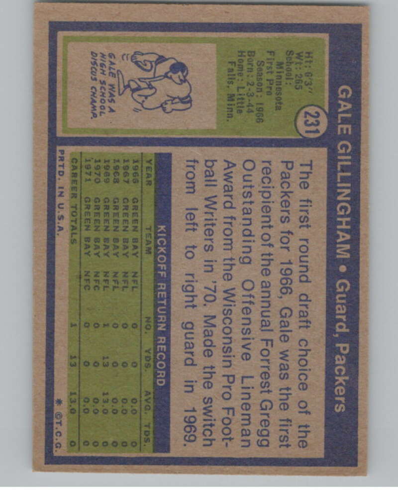 1972 Topps #231 Gale Gillingham Green Bay Packers 101125 Image 2