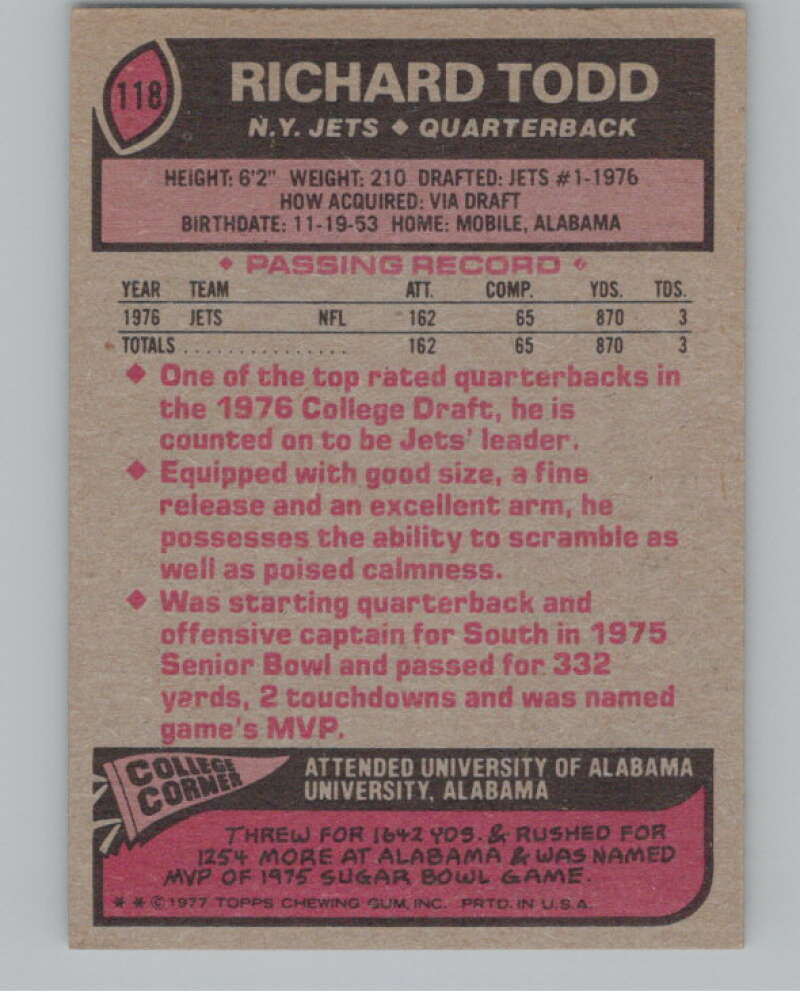 1977 Topps #118 Richard Todd RC Rookie New York Jets 101136 Image 2
