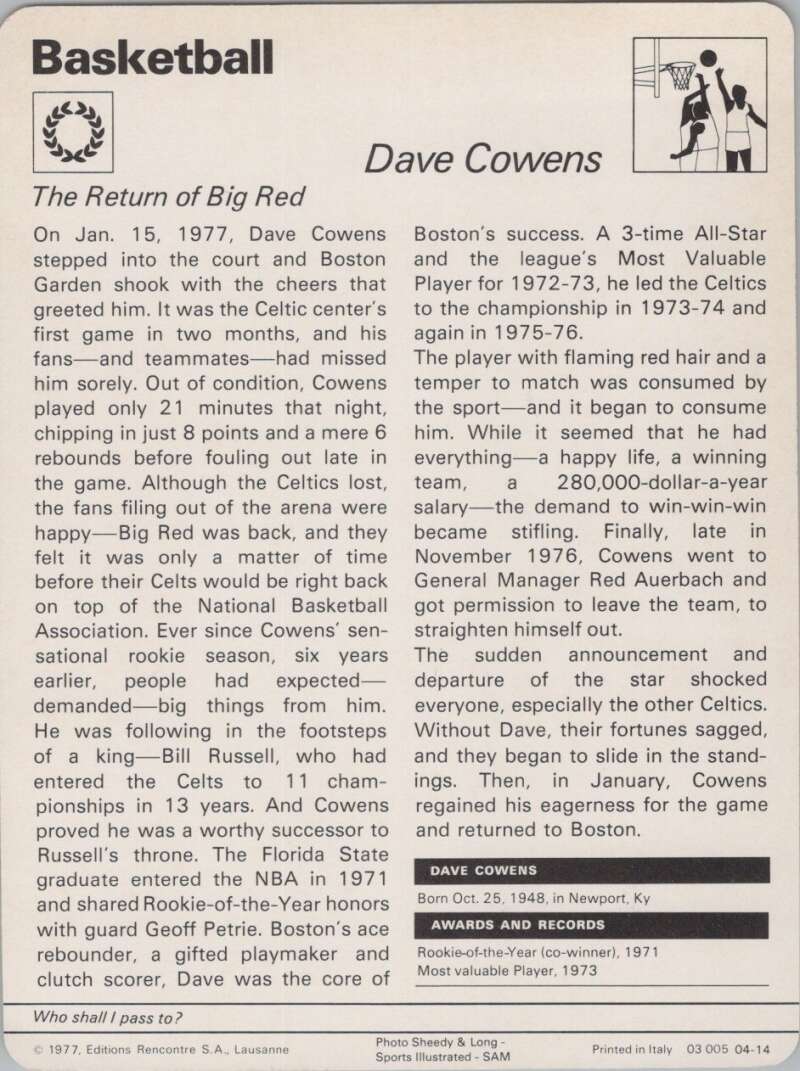 1977 Sportscaster #414 Dave Cowens Basketball Photo Card Image 2