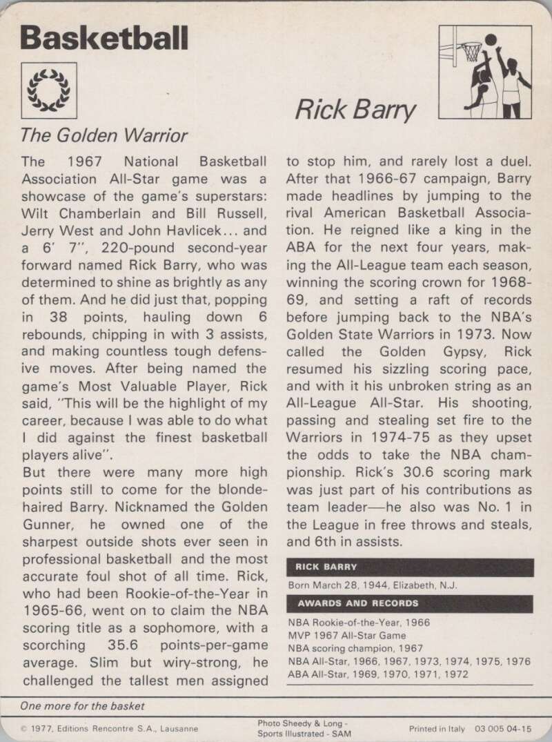 1977 Sportscaster #415 Rick Barry Basketball Photo Card Image 2