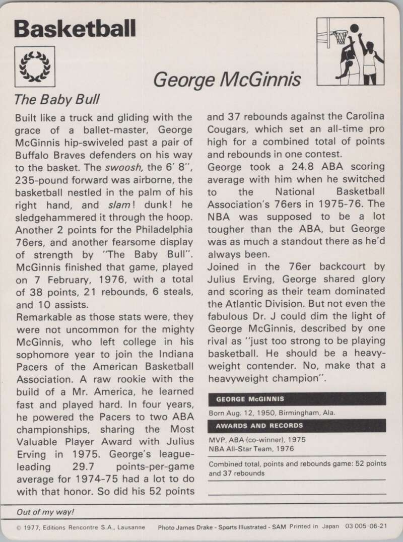 1977 Sportscaster #621 George McGinnis Basketball Photo Card Image 2