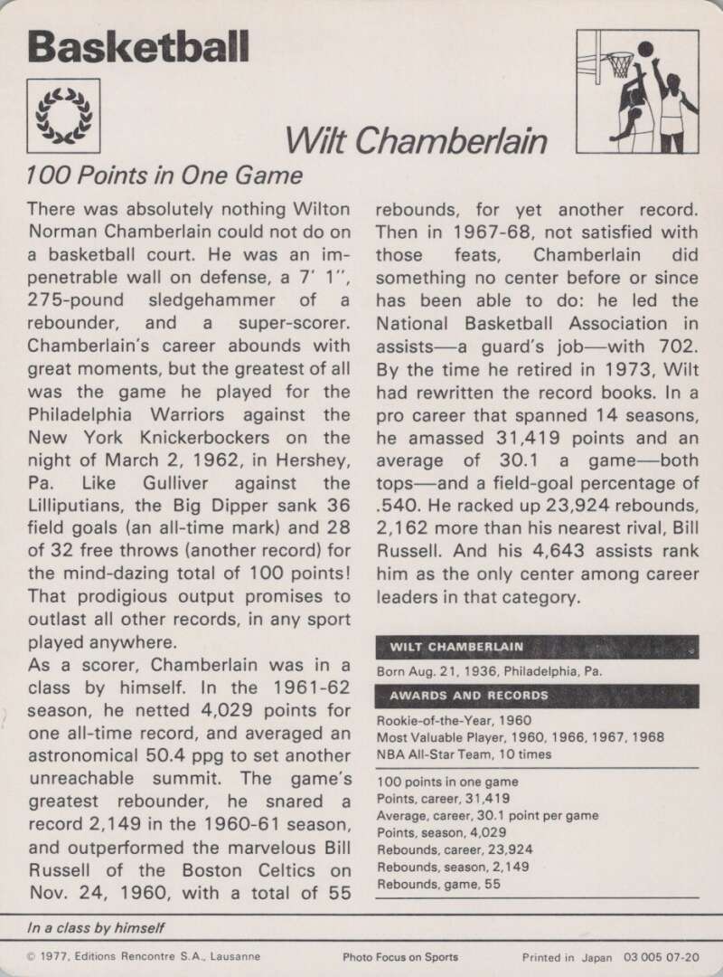 1977 Sportscaster #720 Wilt Chamberlain Basketball Photo Card Image 2