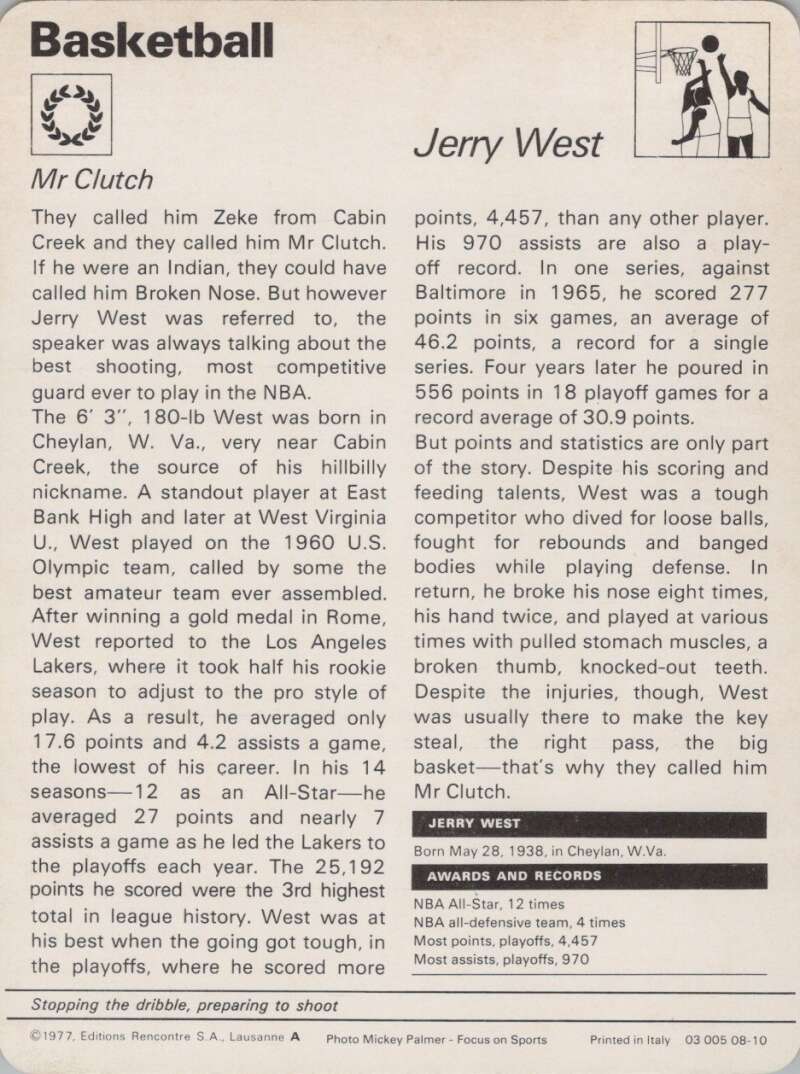 1977 Sportscaster #810 Jerry West Basketball Photo Card Image 2