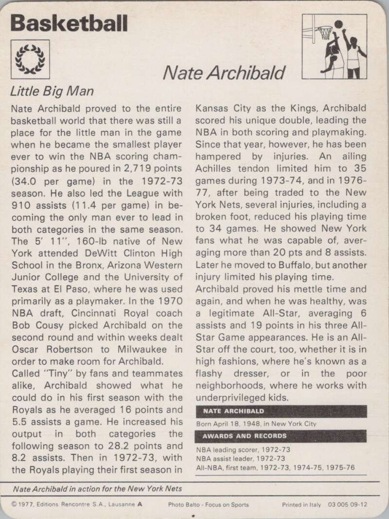 1977 Sportscaster #912 Nate Archibald Basketball Photo Card Image 2