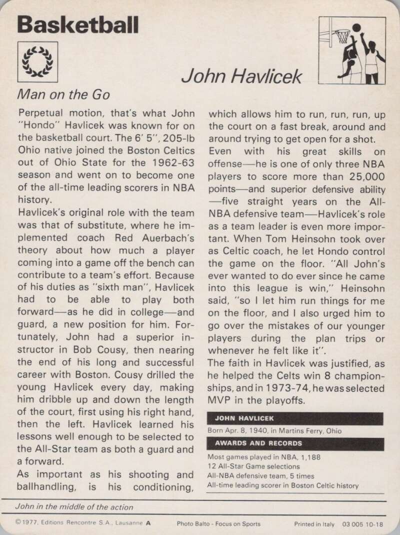 1977 Sportscaster #1018 John Havlicek Basketball Photo Card Image 2
