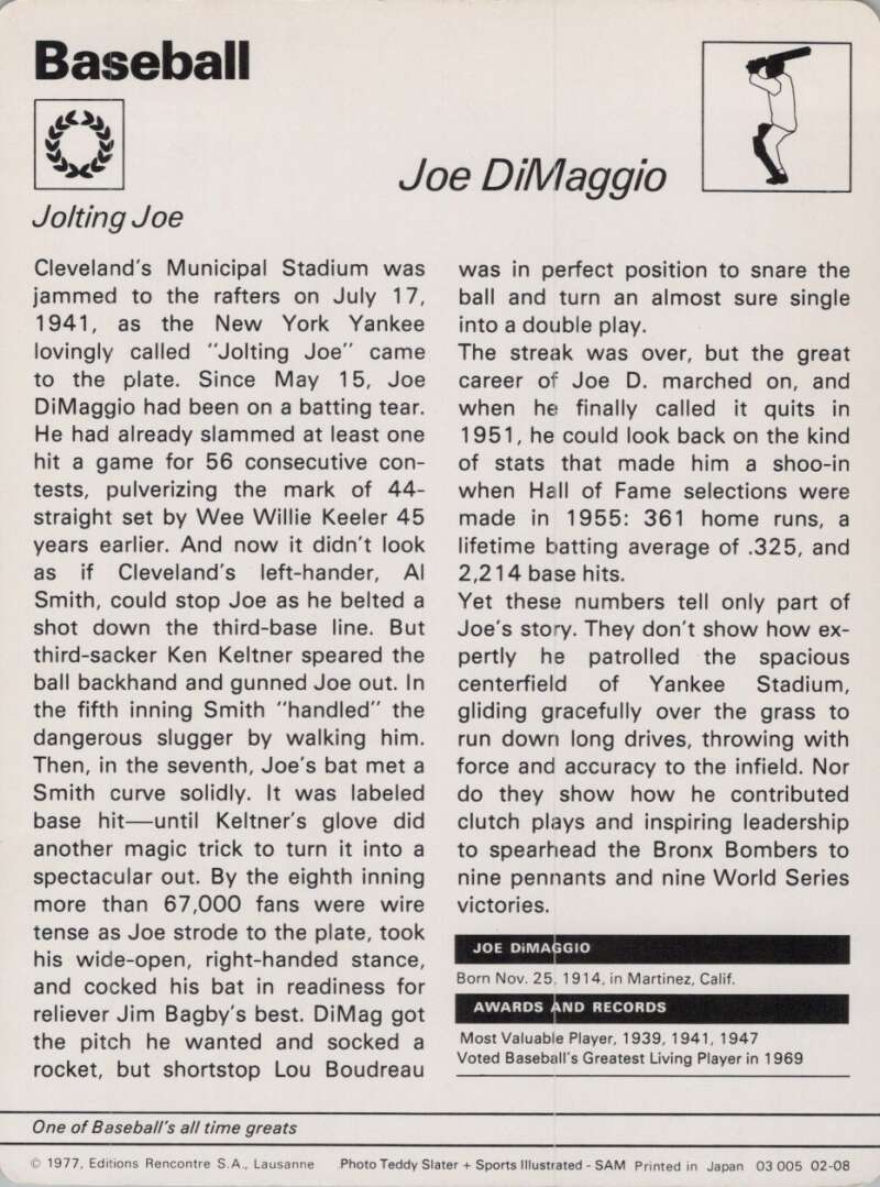 1977 Sportscaster #208 Joe DiMaggio Baseball Photo Card Image 2