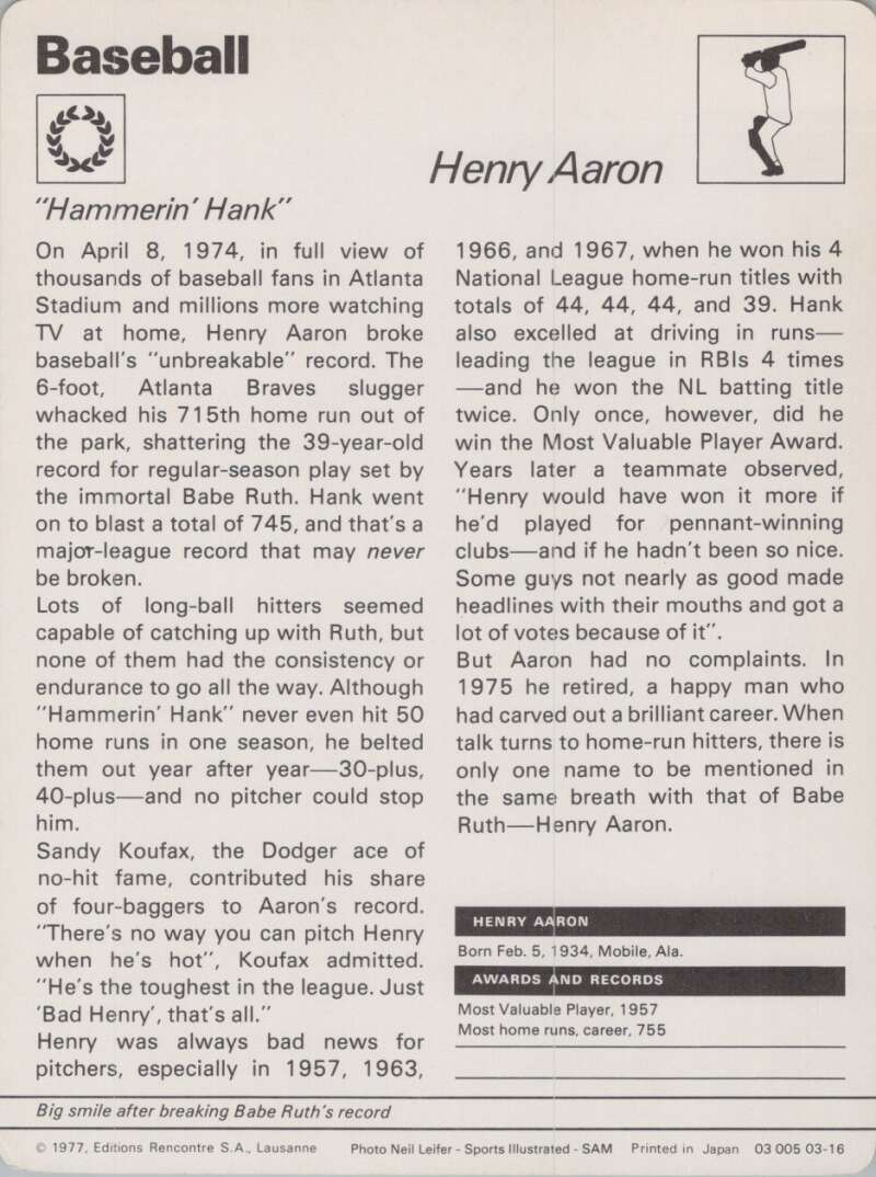 1977 Sportscaster #316 Henry Aaron Baseball Photo Card Image 2