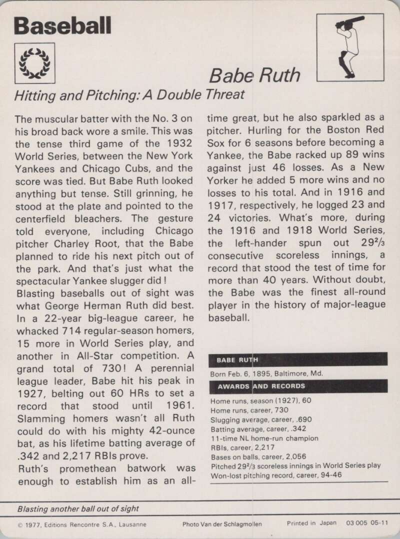 1977 Sportscaster #511 Babe Ruth Baseball Photo Card Image 2