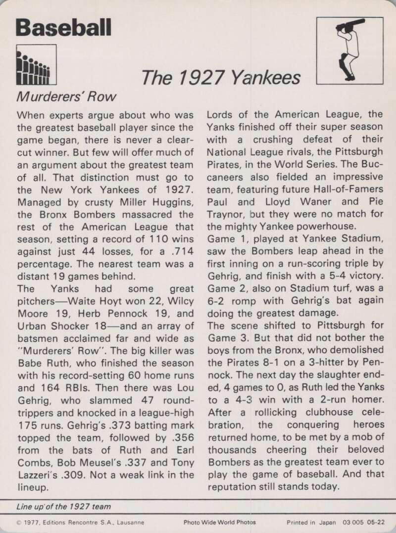 1977 Sportscaster #522 The 1927 Yankees Baseball Photo Card Image 2
